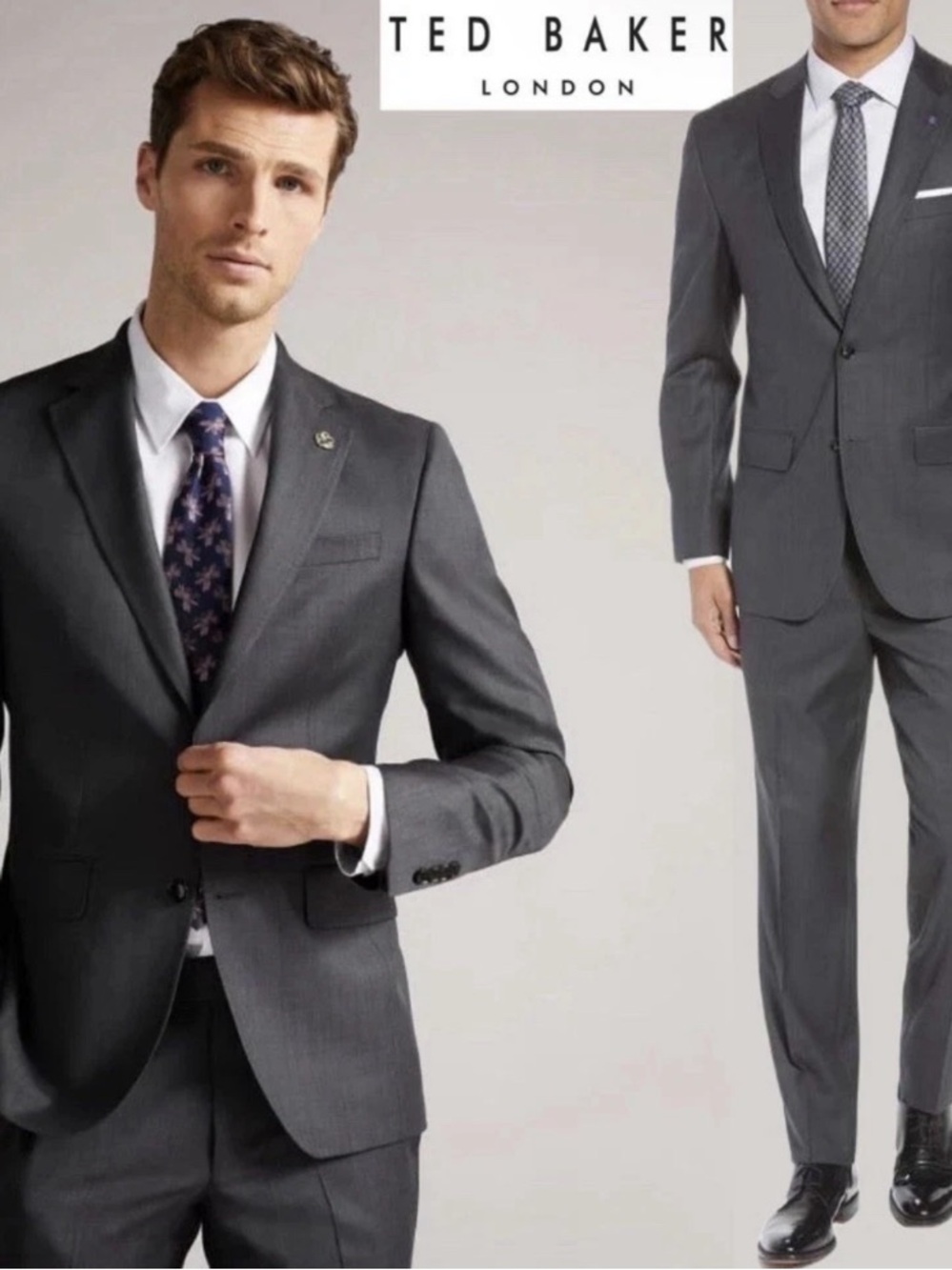 Ted Baker Mens 37 R Endurance Jay CT Suit Grey Plaid Wool Pants 37x30